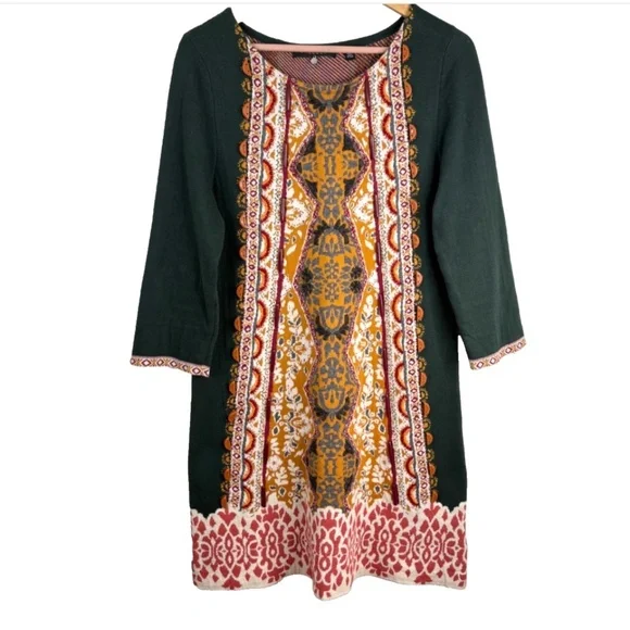 Anthropologie Knitted Knotted Beaded Lanka Sweater Dress L Boho Nordic Fair Isle - Picture 2 of 11